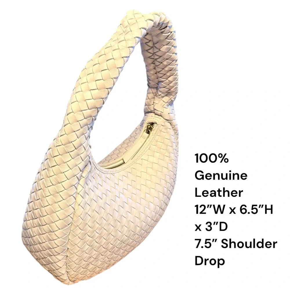 Woven Genuine Soft Braided Leather Luxury Hobo Bag Ivory Cream Shoulder Purse